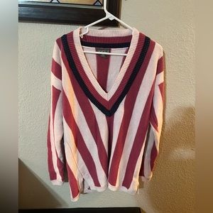 Vintage‎ pink/purple v neck knit striped sweater. Size small but oversized.